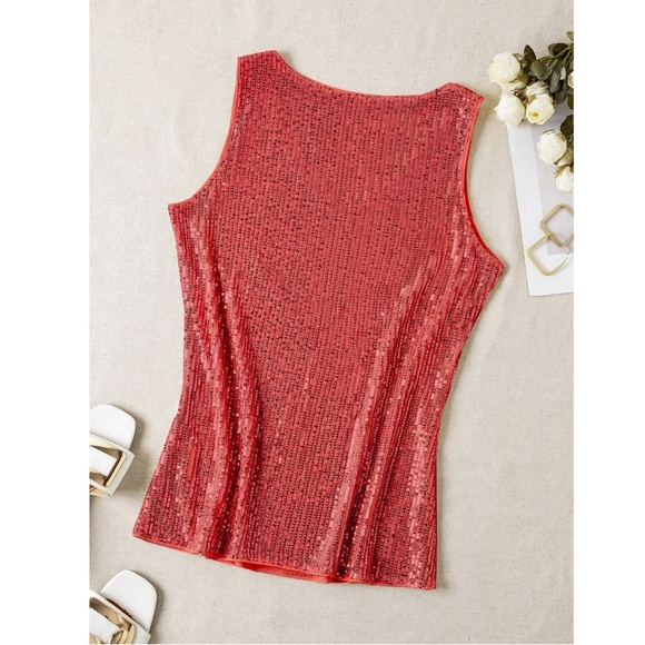 All Over Sequin Red V-Neck Cami Top - Picture 2 of 5